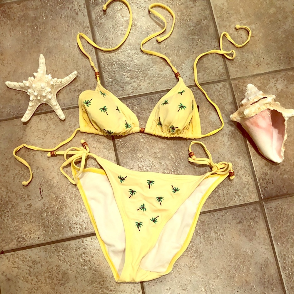 Vibrant string biking swim suit palm trees Sexy Yellow ties